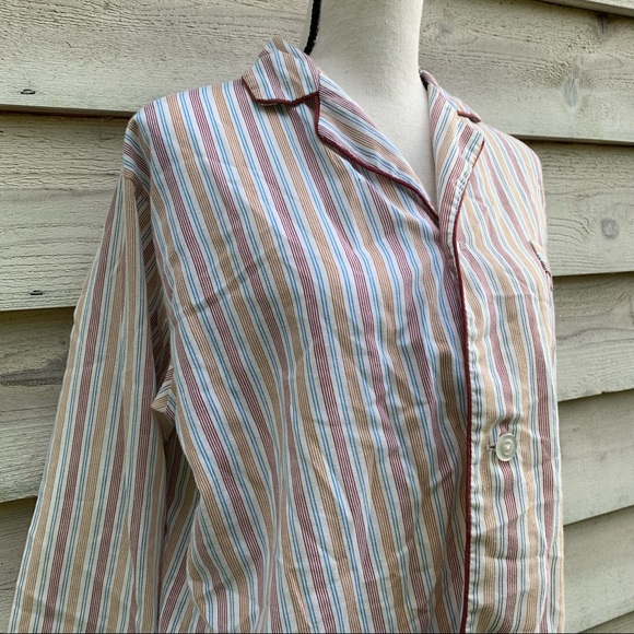 True Vintage 70s Pinstriped Button Down Long Sleeve Collared V-Neck Pajama Shirt - Picture 4 of 16